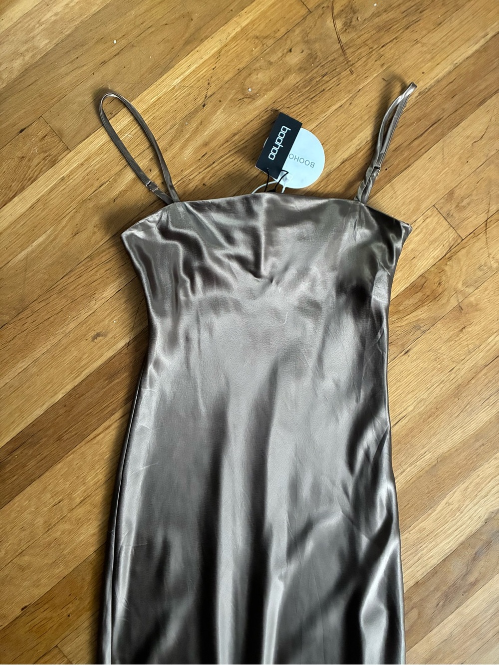 Boohoo Taupe Metallic Satin Slip Dress